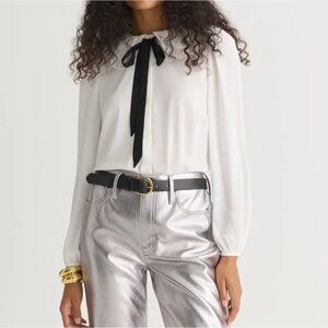 J. Crew White Long-Sleeve Blouse with Black Neck Tie